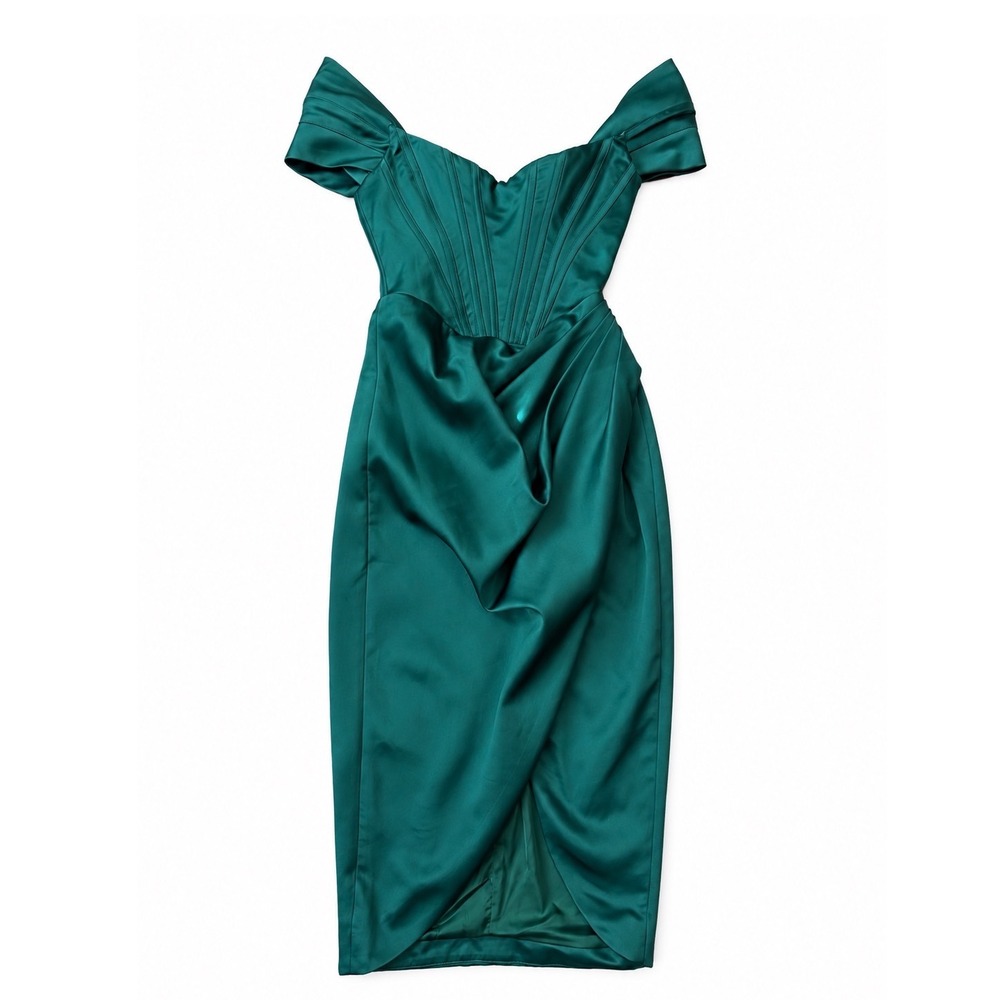 House of CB Loretta Emerald Green Satin Corset Off Shoulder Midi Dress S - Picture 8 of 14